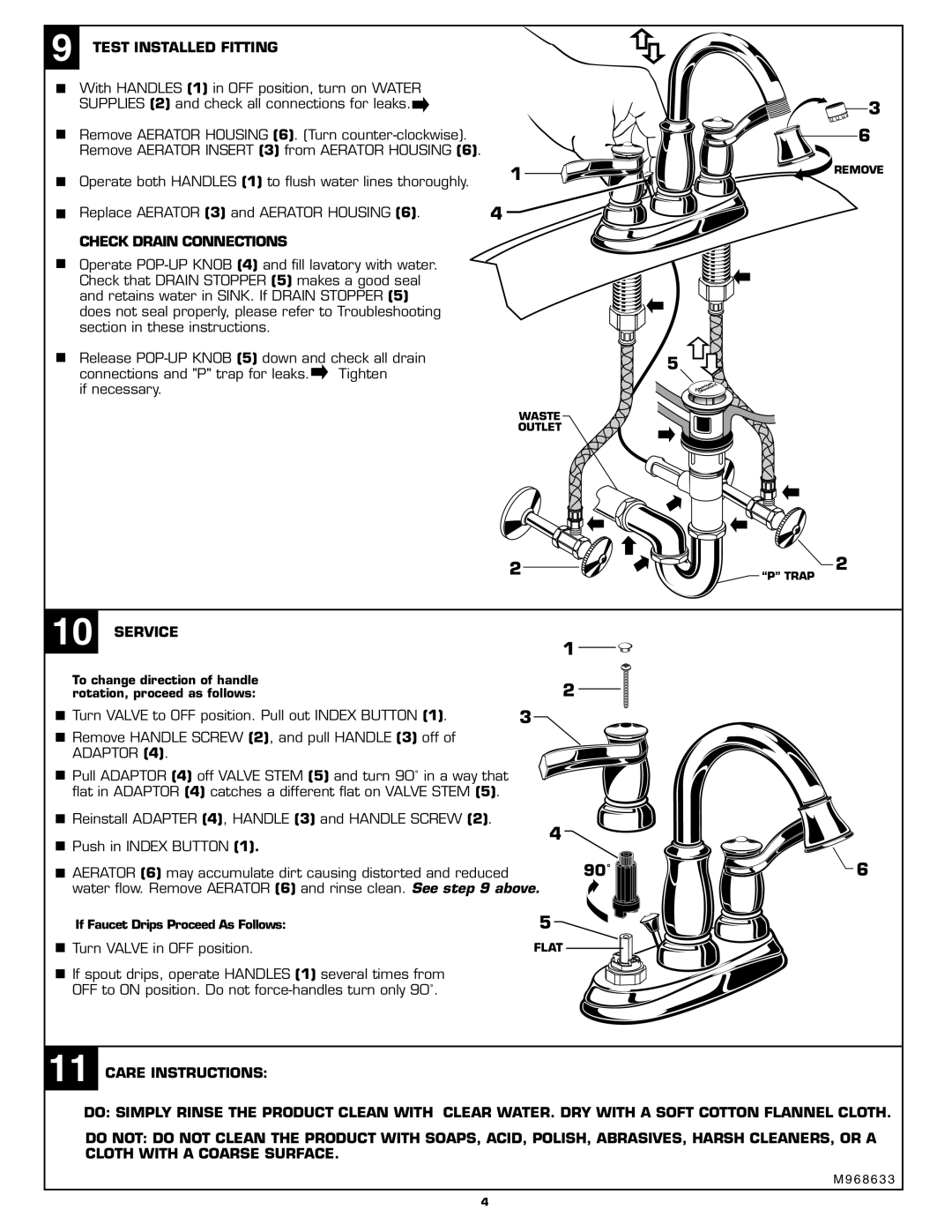 American Standard 6074.XXX installation instructions Test Installed Fitting, Check Drain Connections, Service, Adaptor 