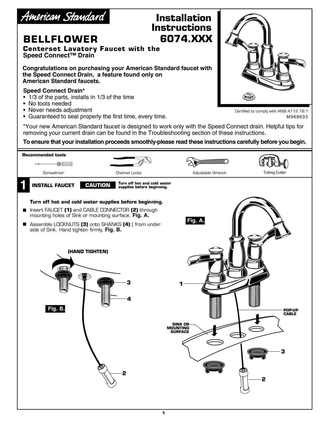 American Standard 6074.XXX installation instructions Installation, Instructions, Bellflower, Fig. A, Fig. B 