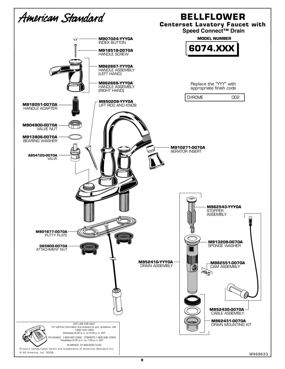 American Standard 6074.XXX Bellflower, Centerset Lavatory Faucet with, Speed Connect Drain, CHROME002 