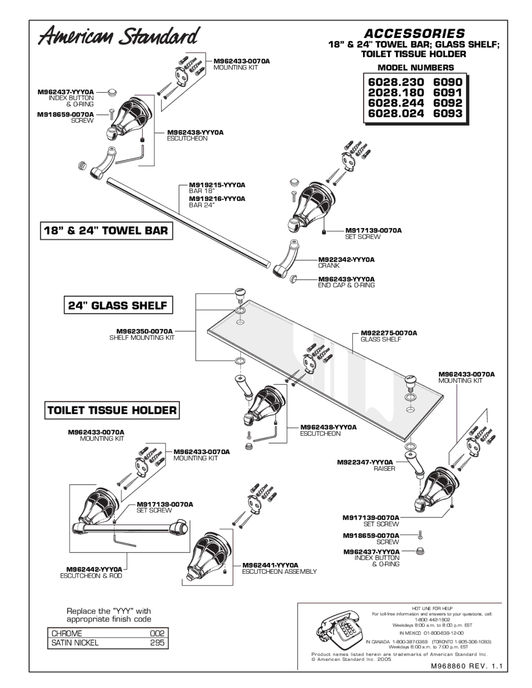 American Standard 60901 manual Accessories, Glass Shelf, Toilet Tissue Holder, Chrome, Satin Nickel 