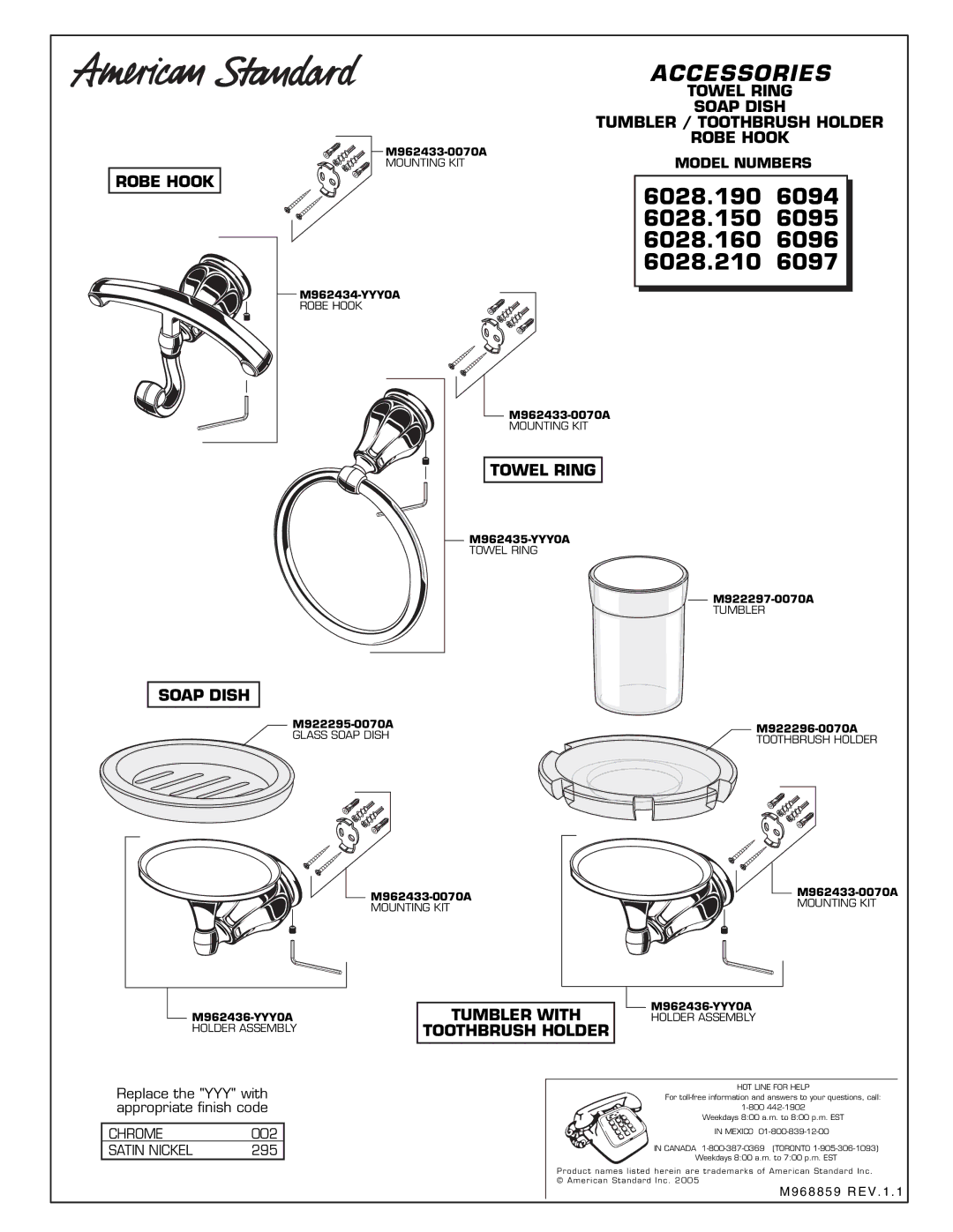 American Standard manual Accessories, 6028.190 6094 6028.150 6095 6028.160 6096 6028.210 6097 