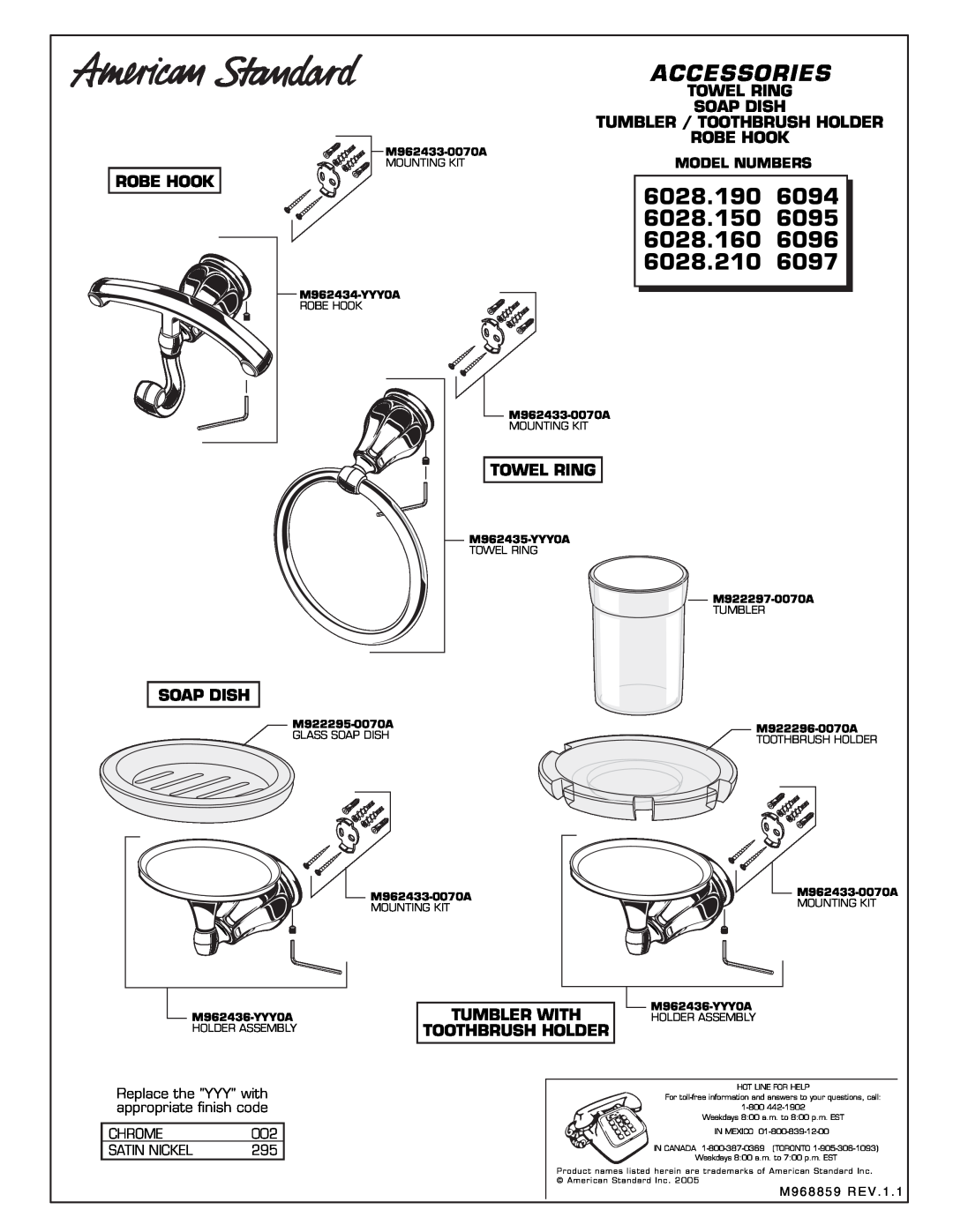 American Standard 6096 manual Accessories, 6028.190, 6094, 6028.150, 6095, 6028.160, 6028.210, 6097, Robe Hook, Towel Ring 