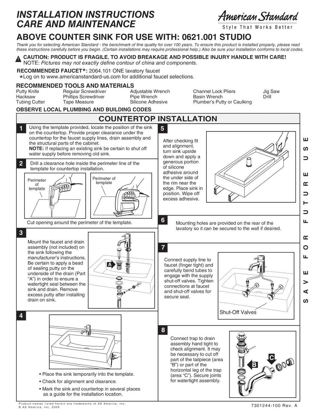 American Standard 621.001 installation instructions Installation Instructions Care and Maintenance 