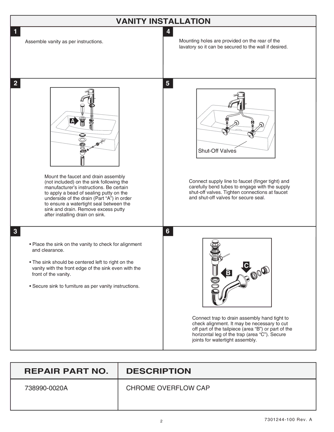 American Standard 621.001 installation instructions Vanity Installation, Repair Part no Description 