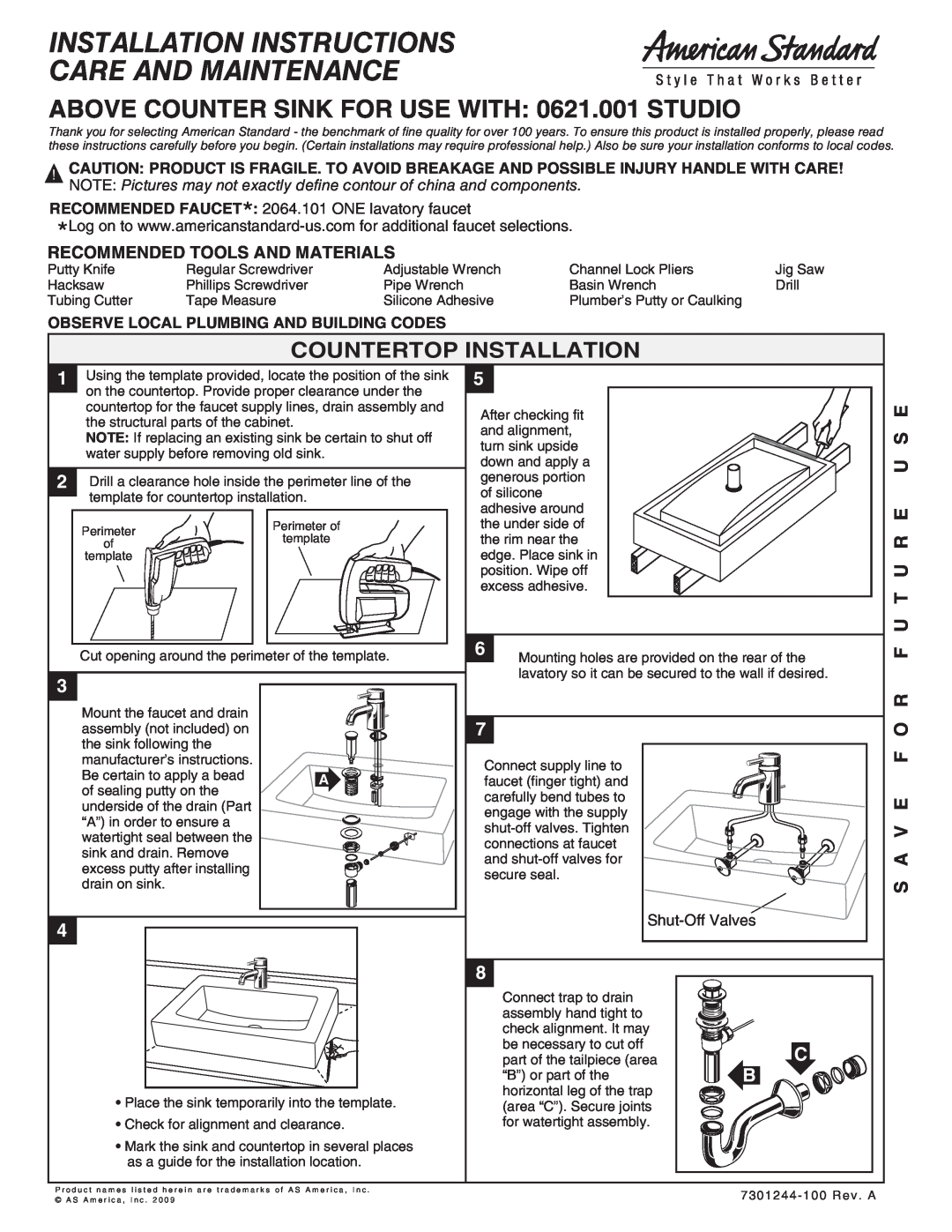 American Standard 621.001 installation instructions Countertop Installation 
