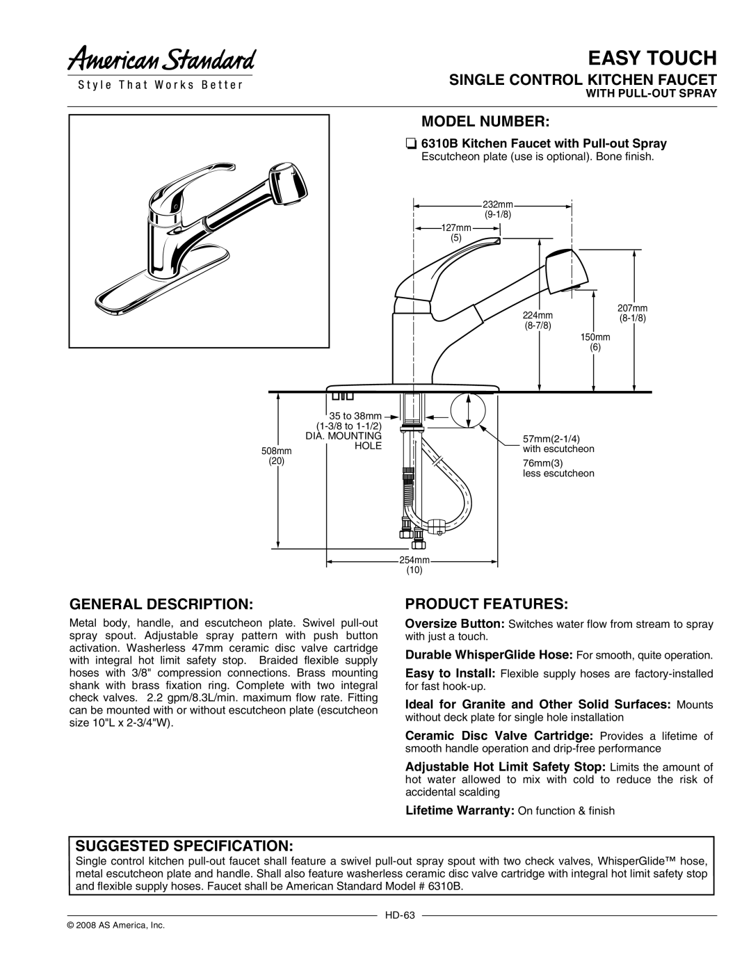 American Standard 6310B warranty Single Control Kitchen Faucet, Model Number, General Description, Product Features 