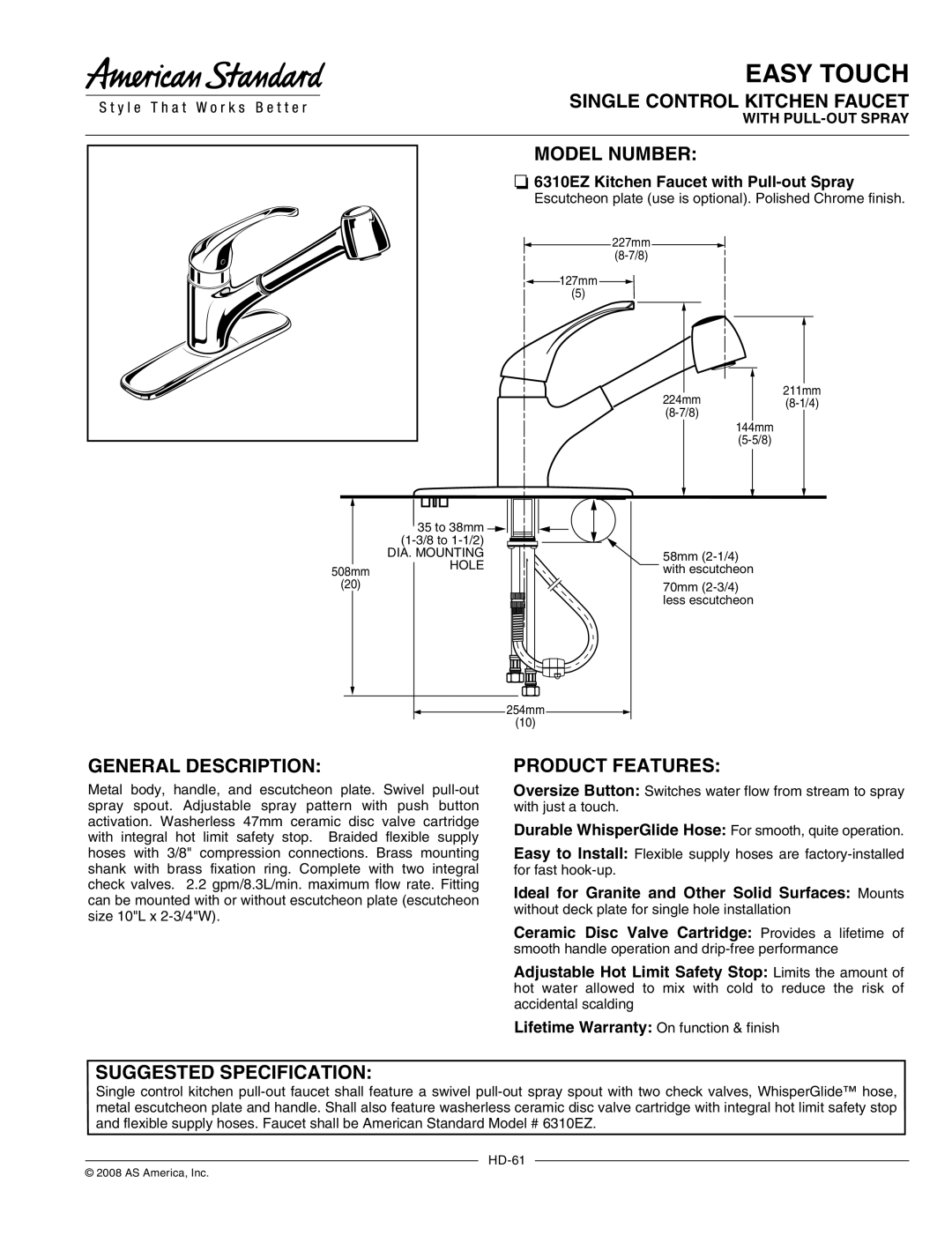 American Standard 6310EZ warranty Single Control Kitchen Faucet, Model Number, General Description, Product Features 