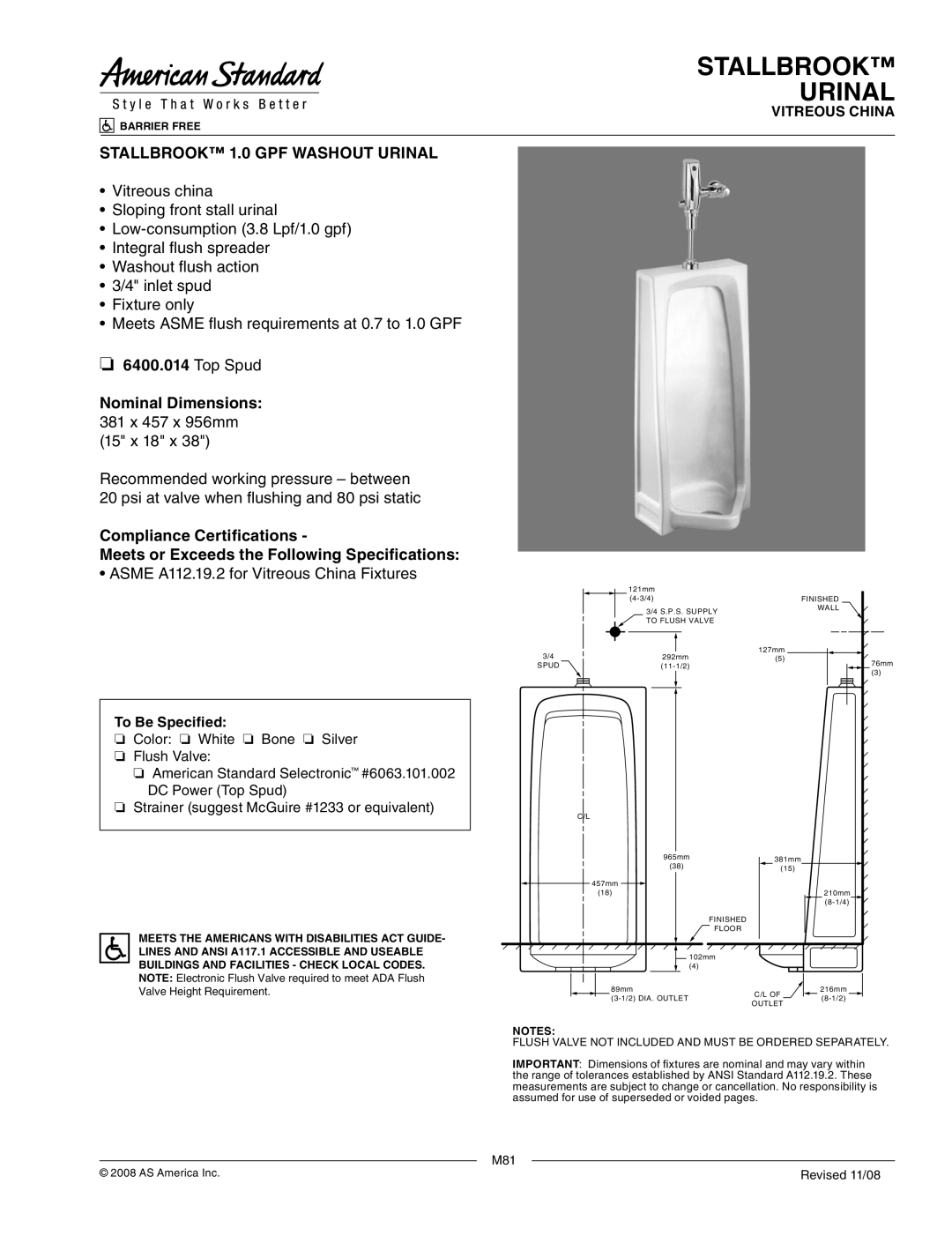 American Standard 6400.014 dimensions Stallbrook Urinal, Stallbrook 1.0 GPF Washout Urinal, To Be Specified 