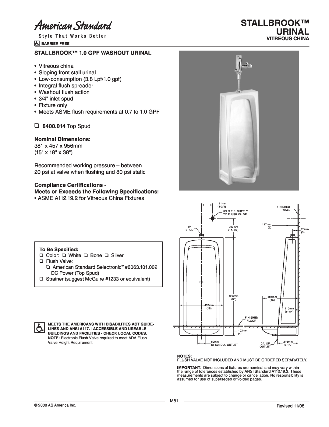 American Standard 6400.014 dimensions Stallbrook Urinal, STALLBROOK 1.0 GPF WASHOUT URINAL, Low-consumption3.8 Lpf/1.0 gpf 