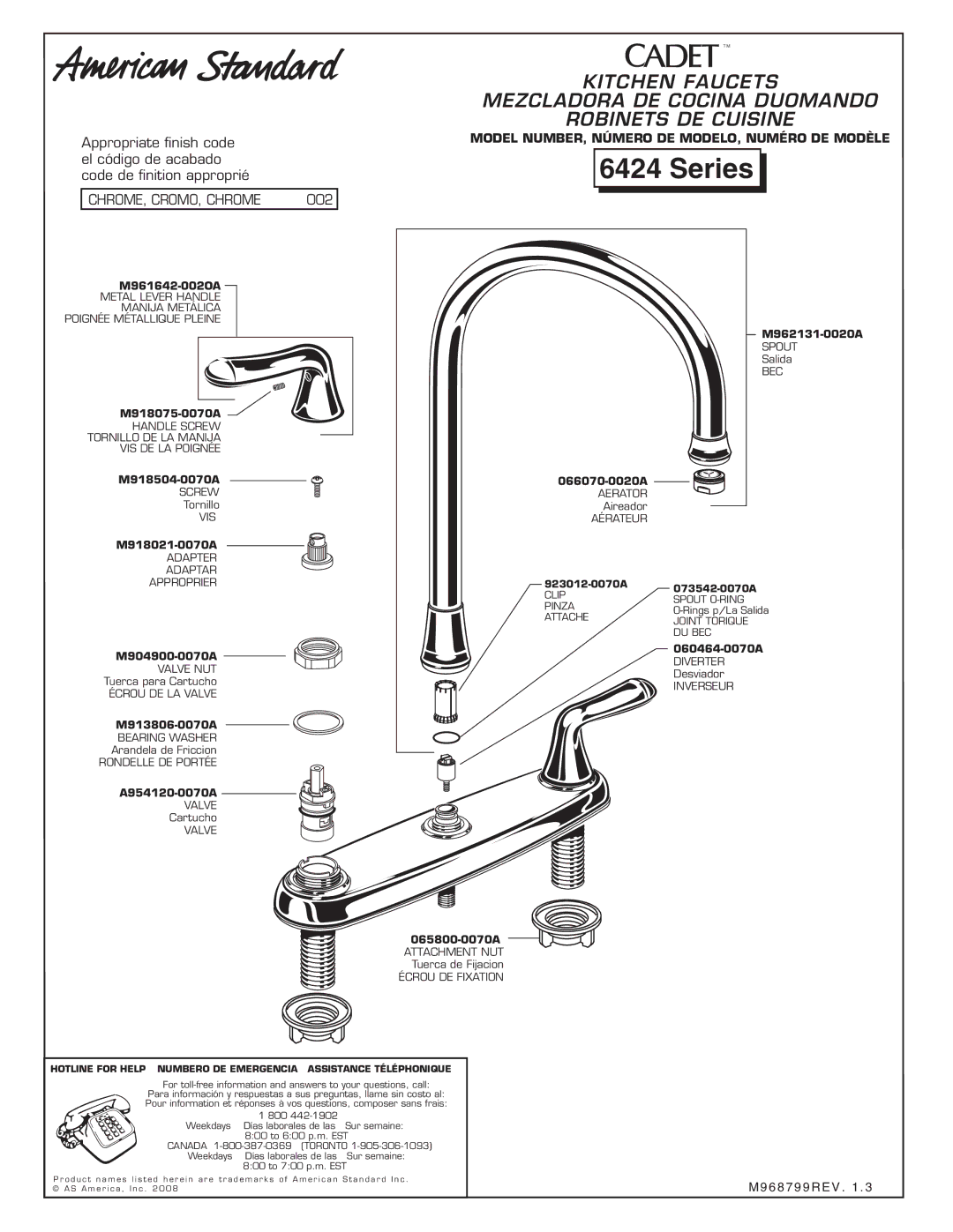 American Standard 6424 Series manual CHROME, CROMO, Chrome, 002 