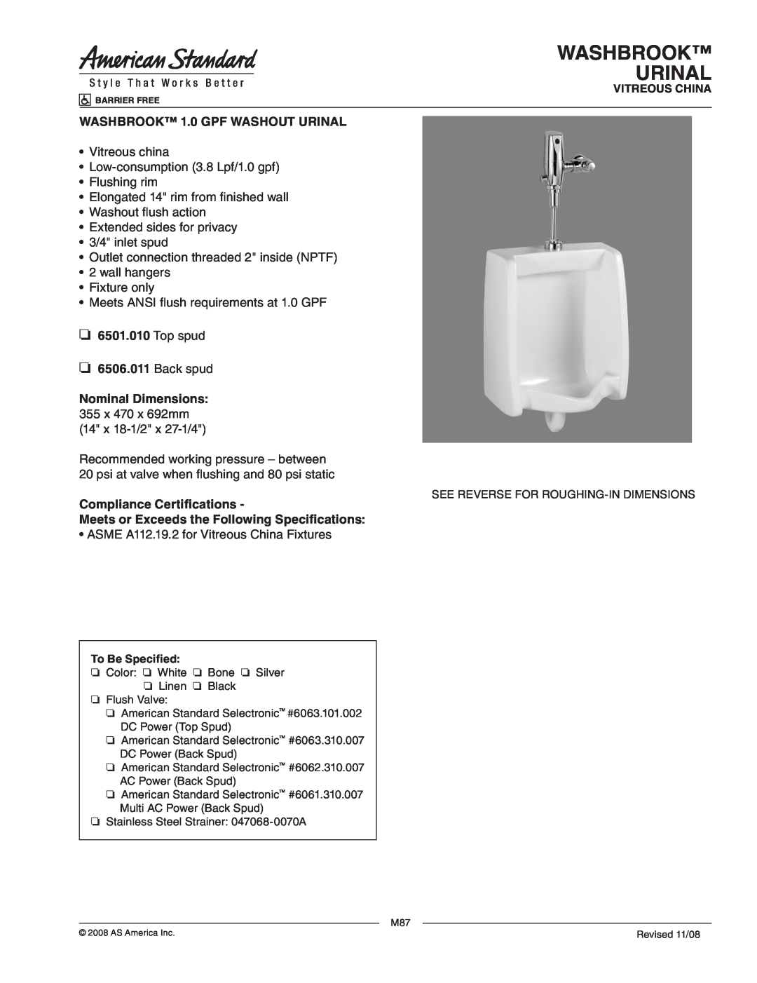 American Standard 6501.010 dimensions Washbrook Urinal, WASHBROOK 1.0 GPF WASHOUT URINAL, Top spud 6506.011 Back spud 