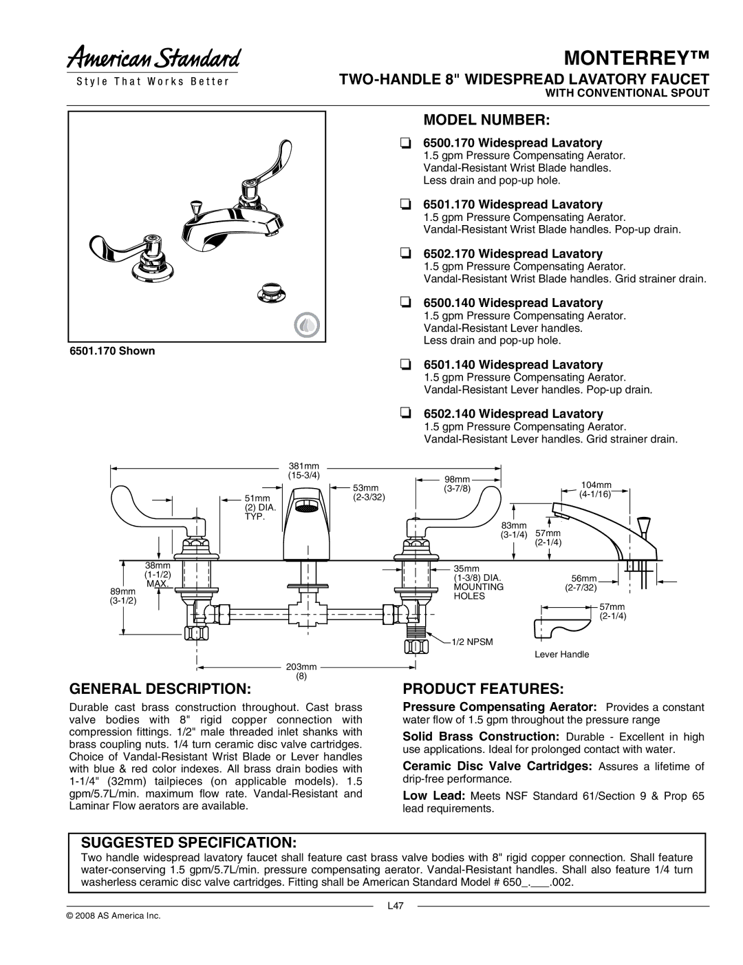 American Standard 6500.170, 6502.140 manual TWO-HANDLE 8 Widespread Lavatory Faucet, Model Number, Suggested Specification 