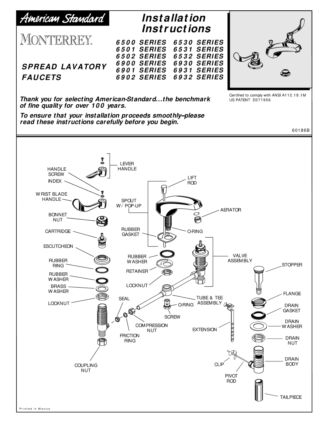 American Standard 6502 Series, 6530 Series, 6500 Series, 6532 SERIES installation instructions Installation Instructions 