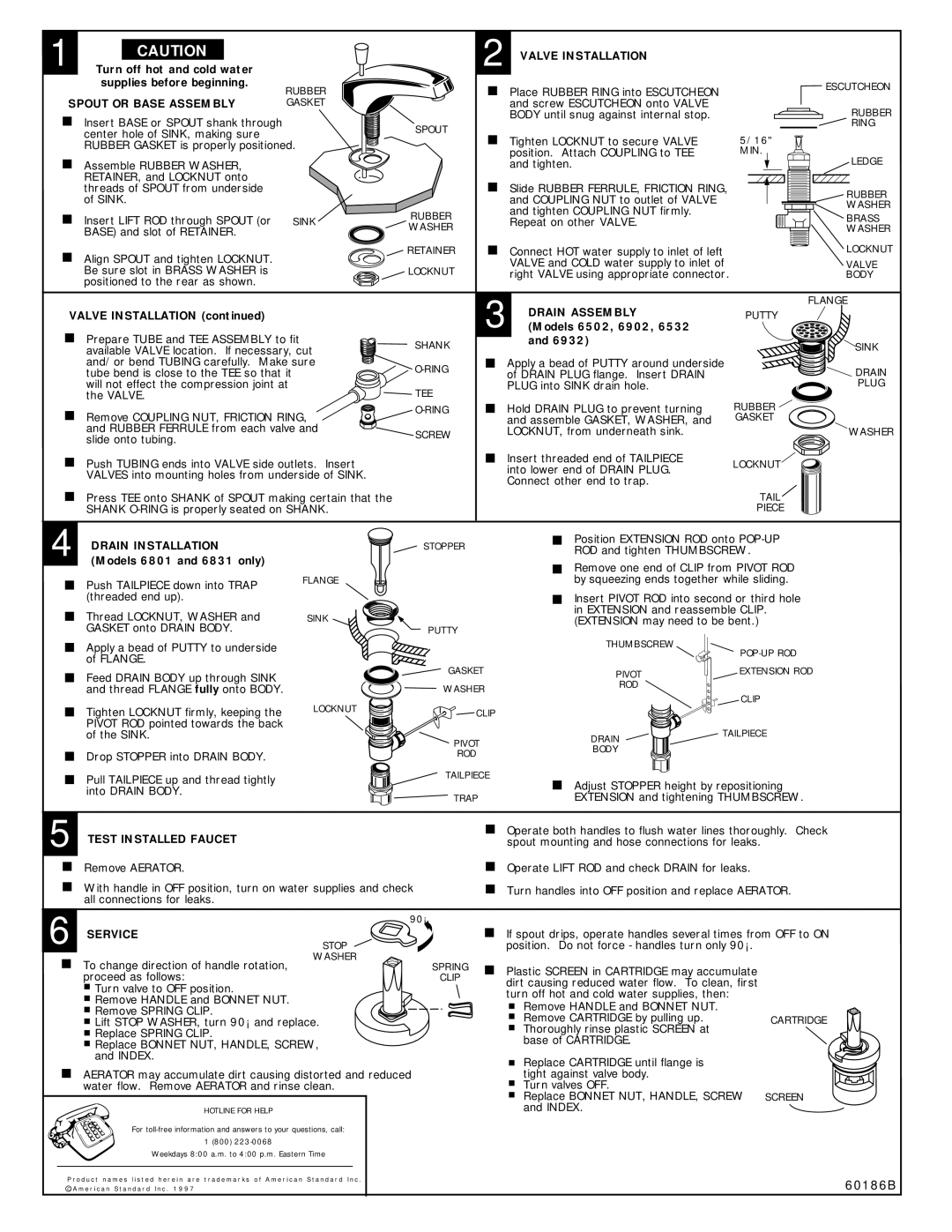 American Standard 6500 Series Valve Installation, Spout or Base Assembly, Drain Assembly, Test Installed Faucet, Service 