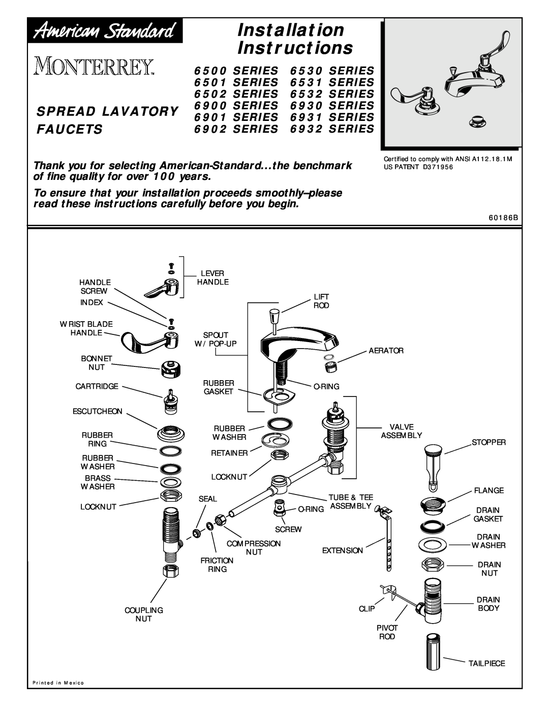 American Standard 6502 Series, 6530 Series installation instructions Installation Instructions, Spread Lavatory Faucets 