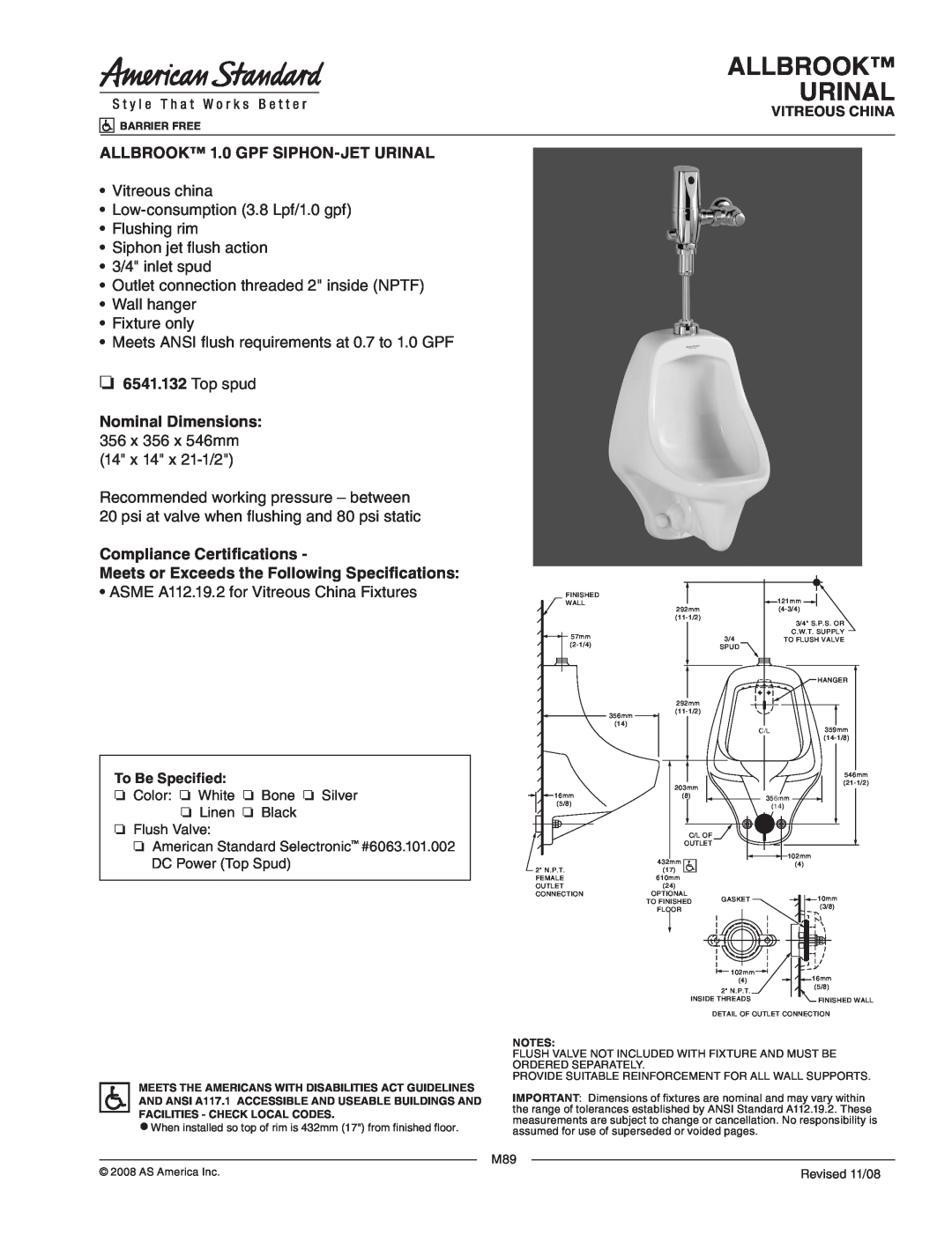 American Standard 6541.132 dimensions Allbrook Urinal, ALLBROOK 1.0 GPF SIPHON-JETURINAL, 3/4 inlet spud, Top spud 