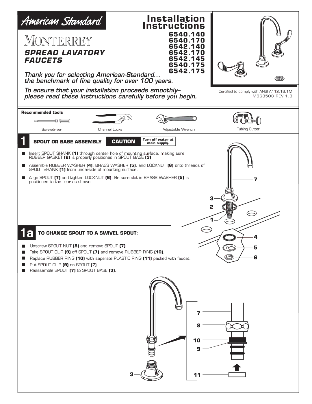 American Standard 6540.14, 6542.175, 6542.145 installation instructions Installation Instructions, Spout or Base Assembly 