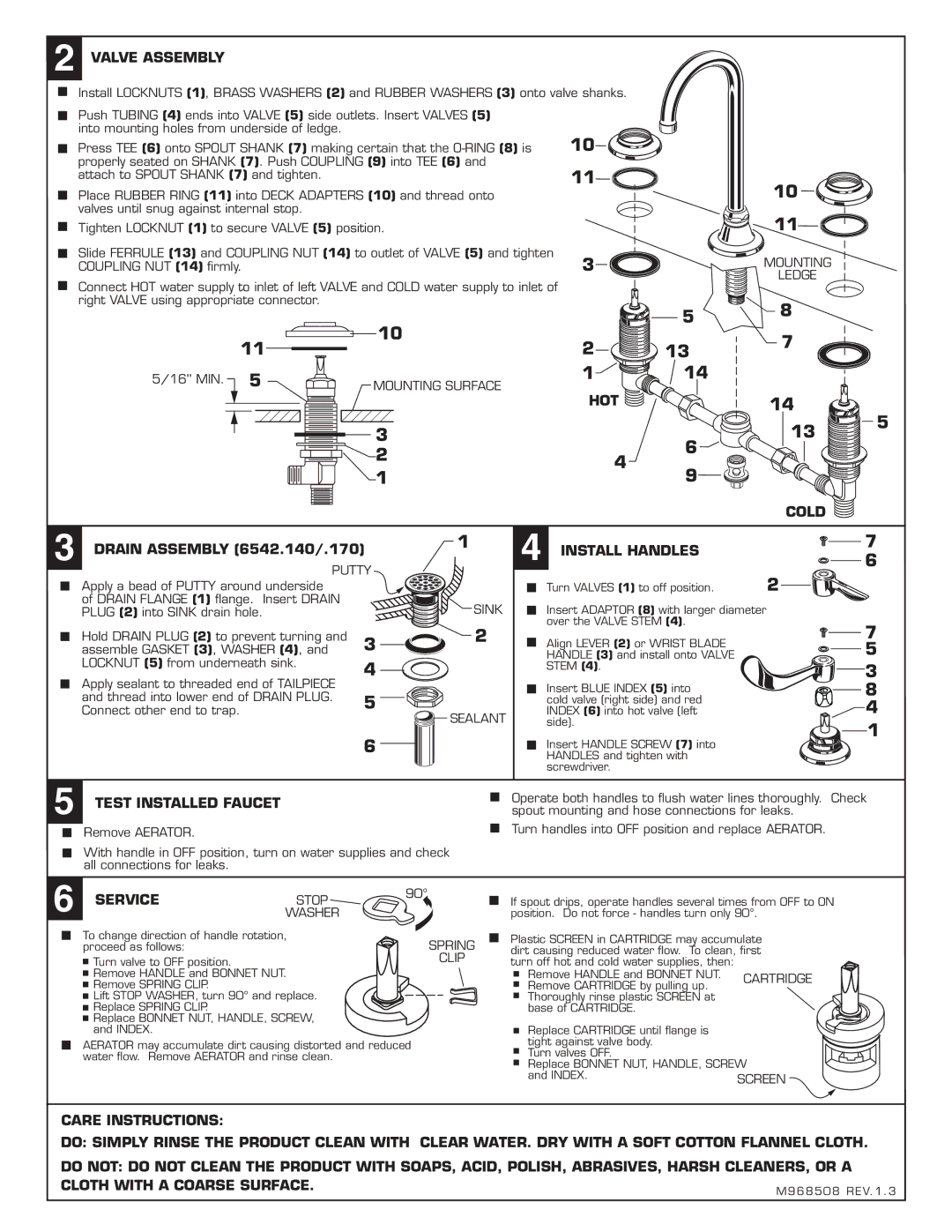 American Standard 6542.145, 6542.175, 6540.14 Valve Assembly, HOT Cold, Install Handles, Test Installed Faucet, Service 