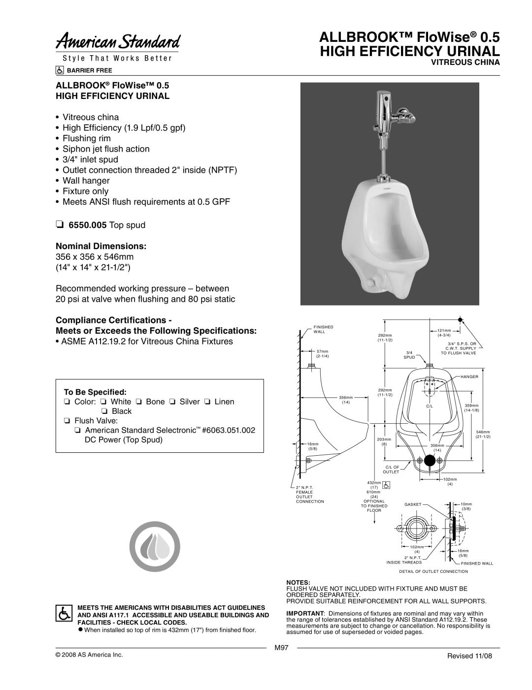 American Standard 6550.005 dimensions High Efficiency Urinal, Asme A112.19.2 for Vitreous China Fixtures, To Be Specified 