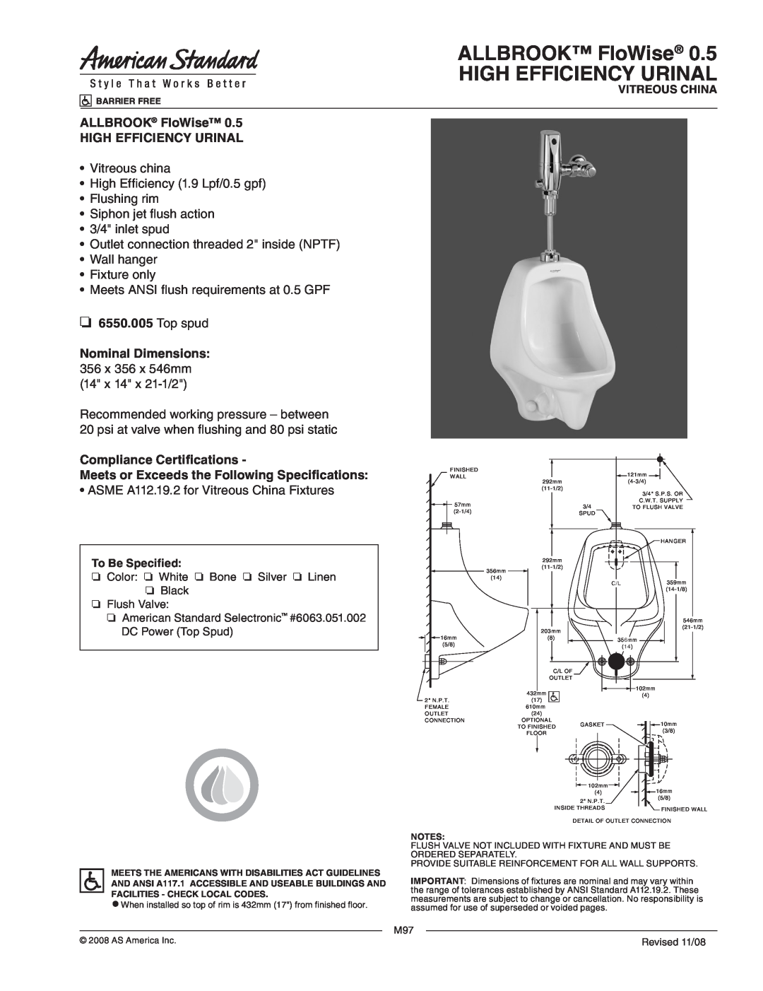 American Standard 6550.005 dimensions ALLBROOK FloWise HIGH EFFICIENCY URINAL, Flushing rim Siphon jet flush action 