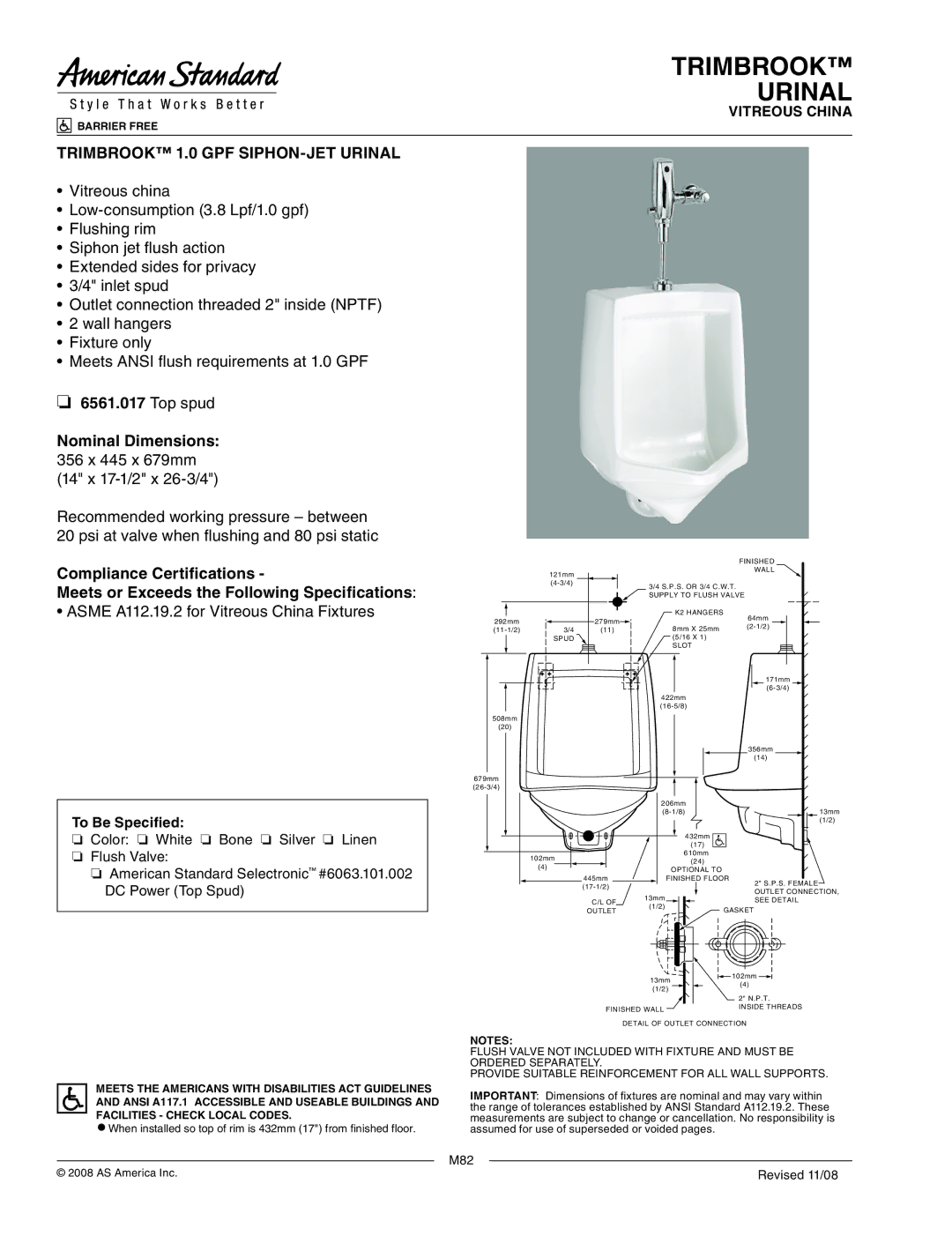 American Standard 6561.017 dimensions Trimbrook Urinal, Trimbrook 1.0 GPF SIPHON-JET Urinal, To Be Specified 