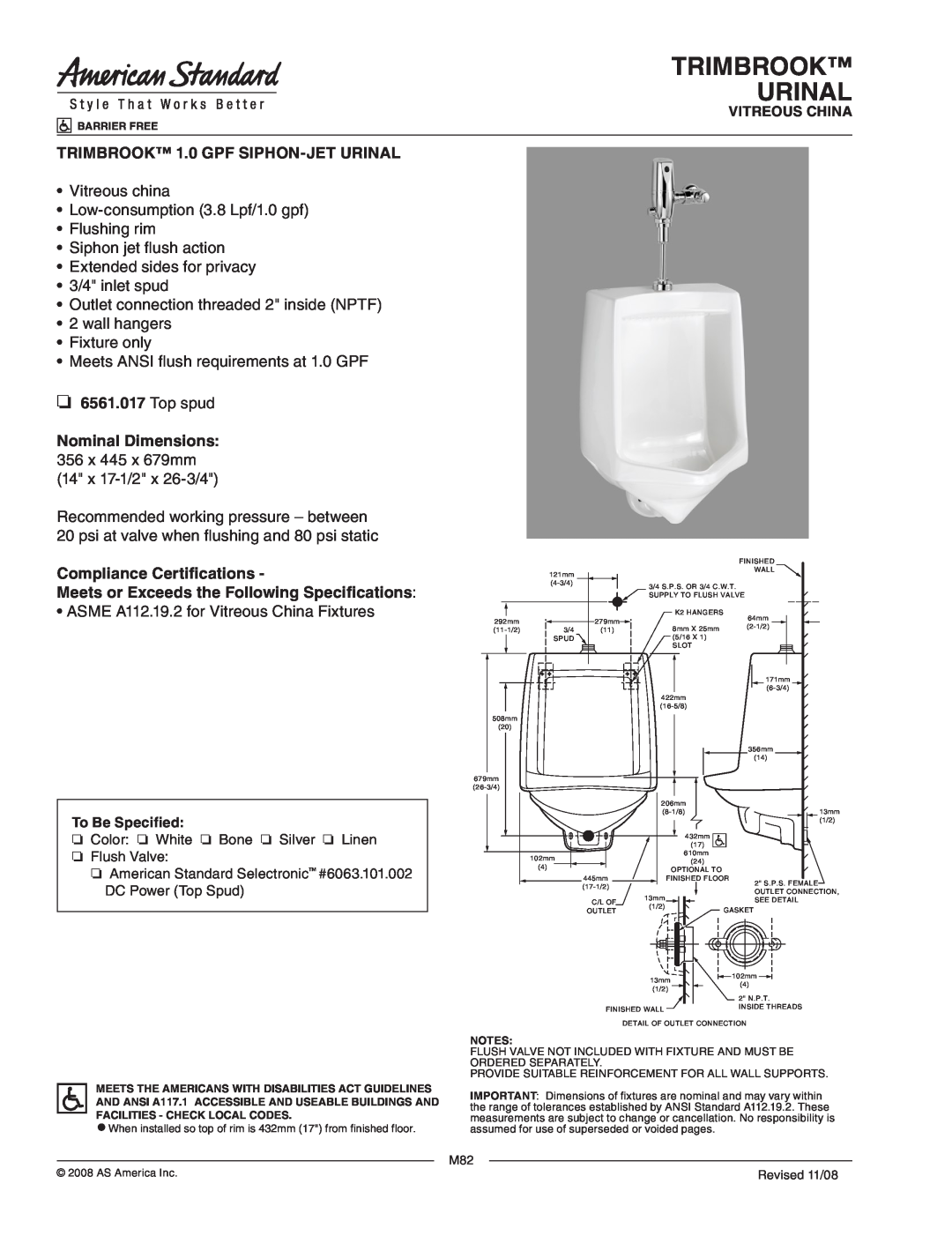 American Standard 6561.017 dimensions Trimbrook Urinal, TRIMBROOK 1.0 GPF SIPHON-JETURINAL, wall hangers Fixture only 