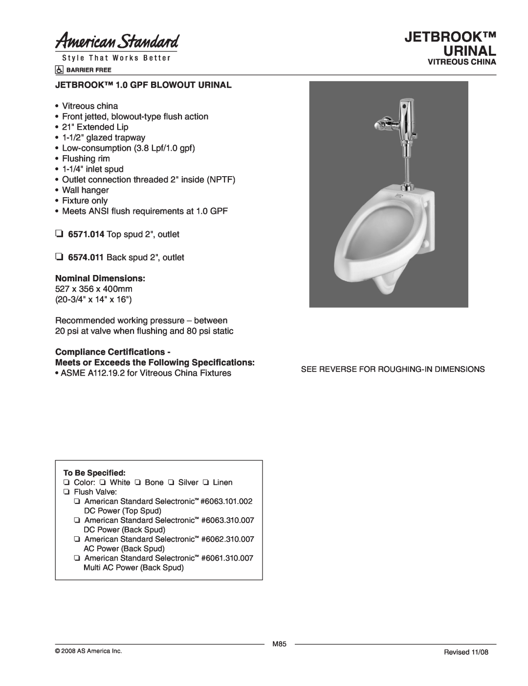 American Standard 6571.014, 6574.011 dimensions Jetbrook Urinal, JETBROOK 1.0 GPF BLOWOUT URINAL, Nominal Dimensions 