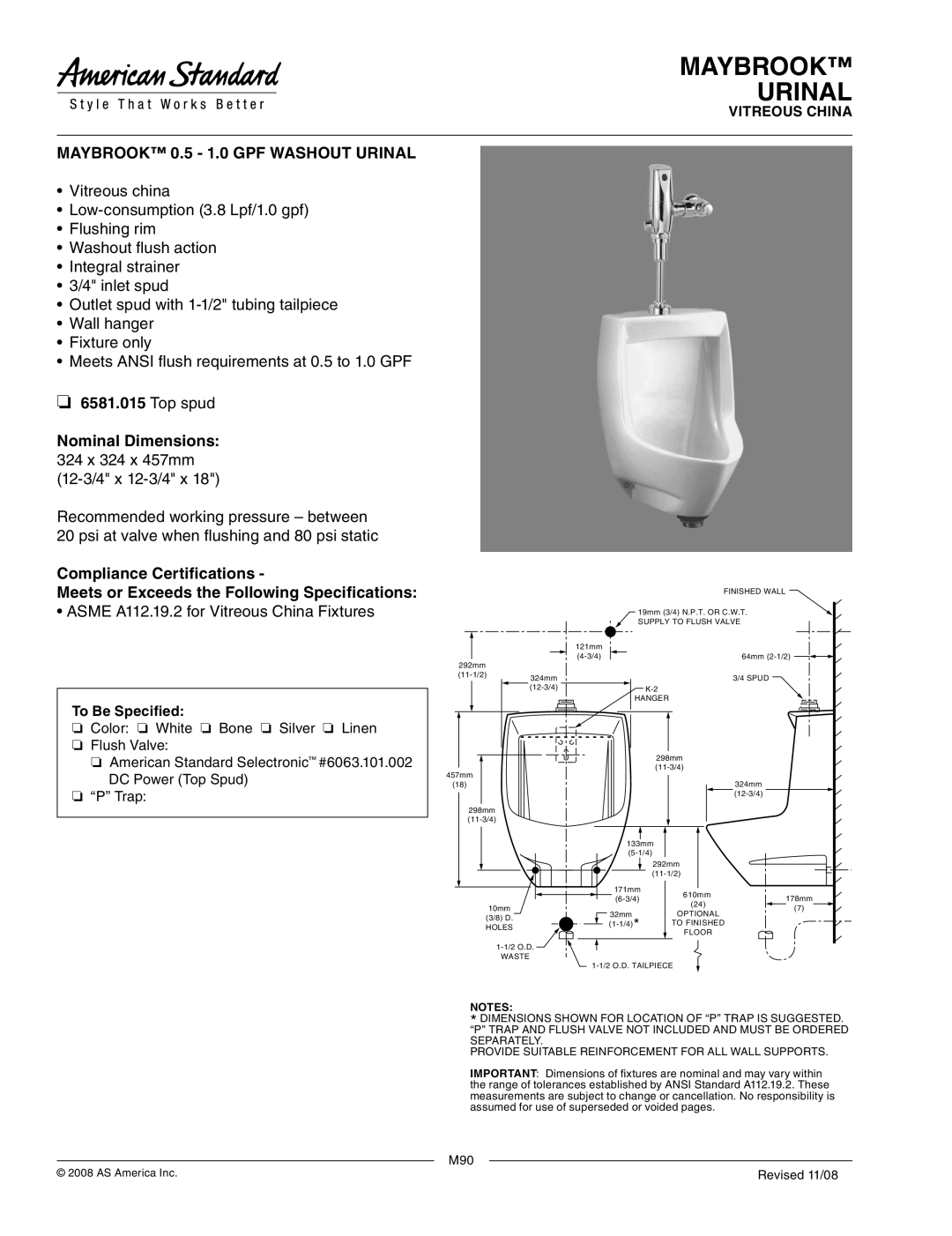 American Standard 6581.015 dimensions Maybrook Urinal, Maybrook 0.5 1.0 GPF Washout Urinal, To Be Specified 