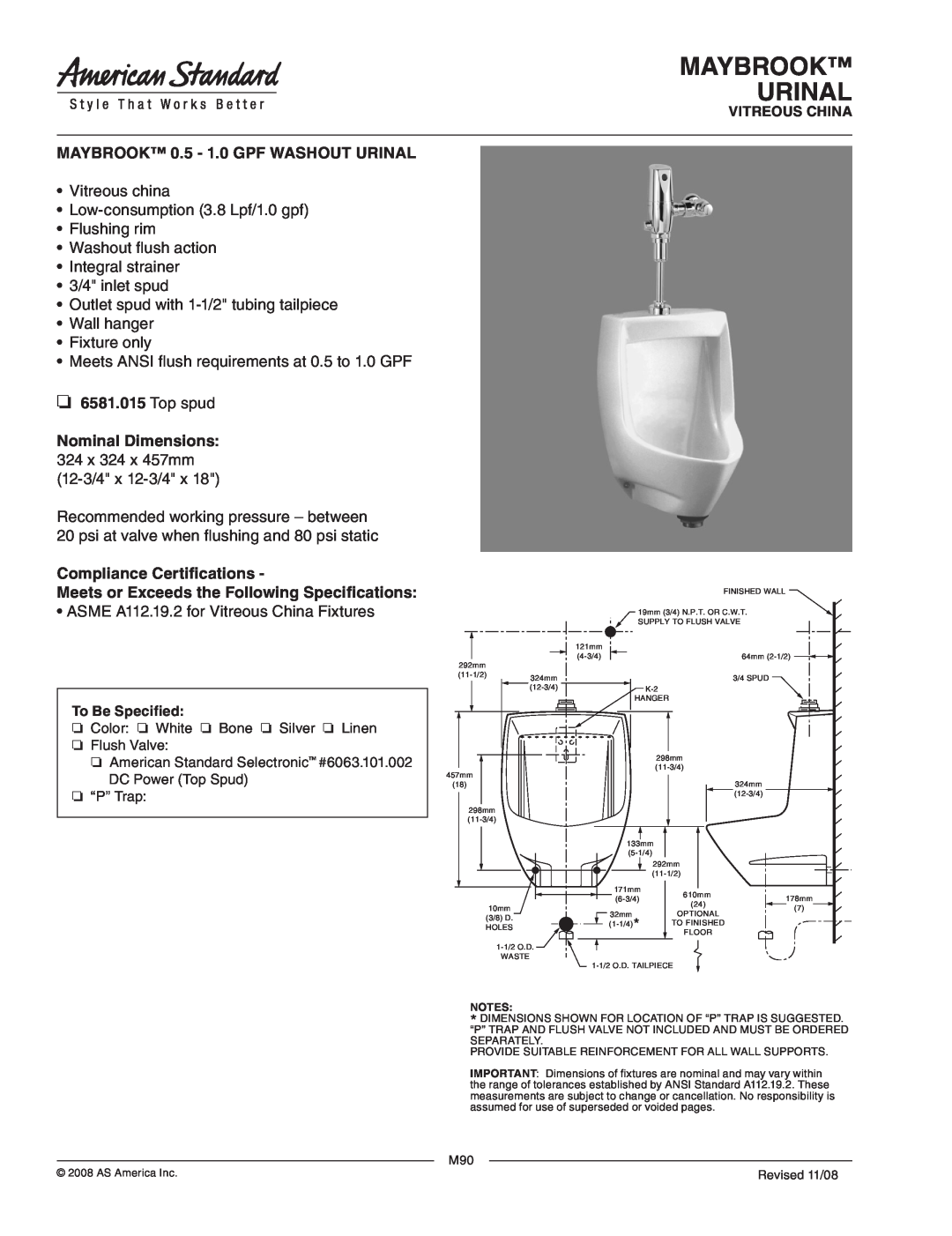 American Standard 6581.015 dimensions Maybrook Urinal, MAYBROOK 0.5 - 1.0 GPF WASHOUT URINAL, Wall hanger Fixture only 