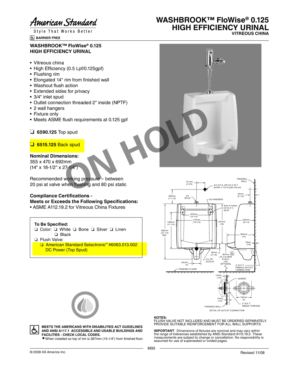 American Standard 6515.125 dimensions High Efficiency Urinal, Asme A112.19.2 for Vitreous China Fixtures, To Be Specified 