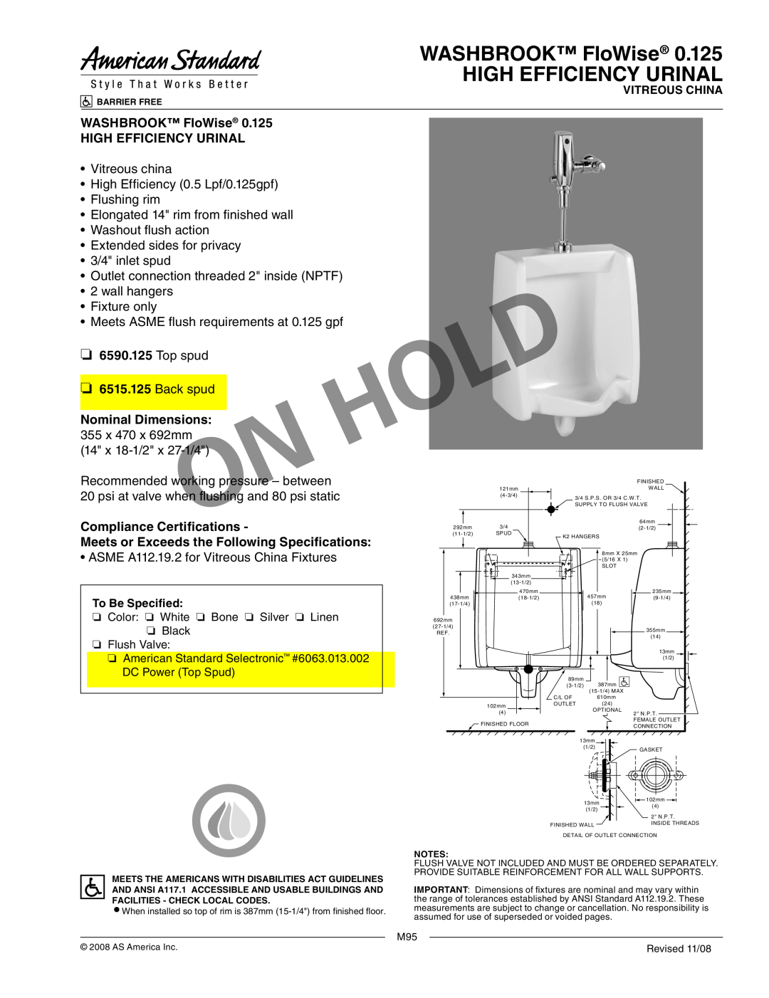 American Standard 6515.125 dimensions WASHBROOK FloWise HIGH EFFICIENCY URINAL, Extended sides for privacy 3/4 inlet spud 