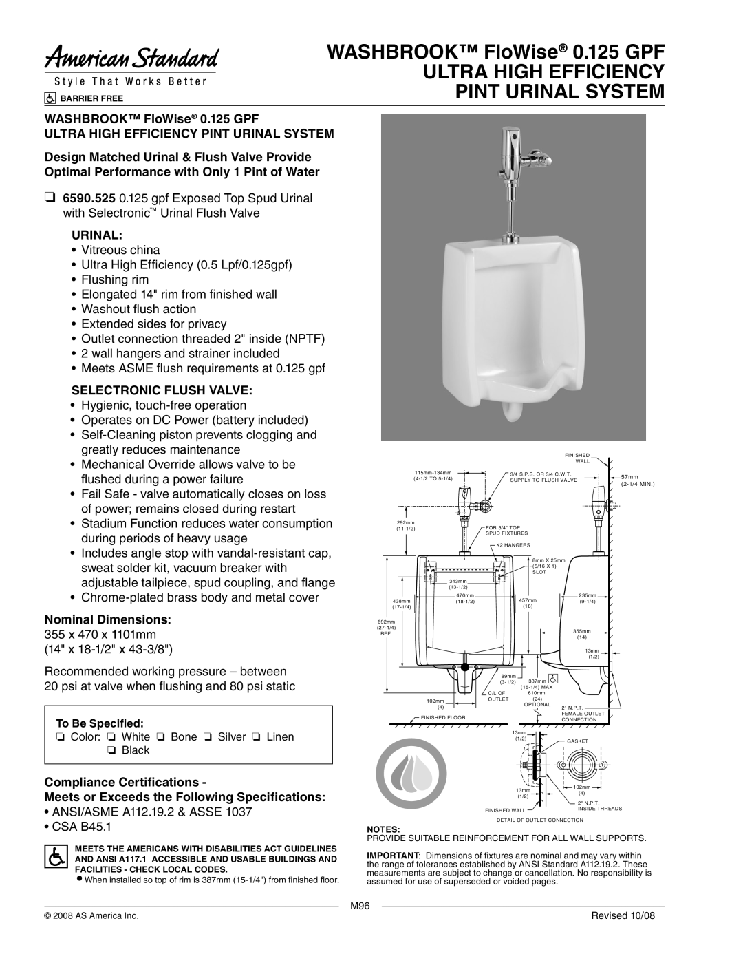 American Standard 6590.525 dimensions Washbrook FloWise 0.125 GPF, Ultra High Efficiency Pint Urinal System 