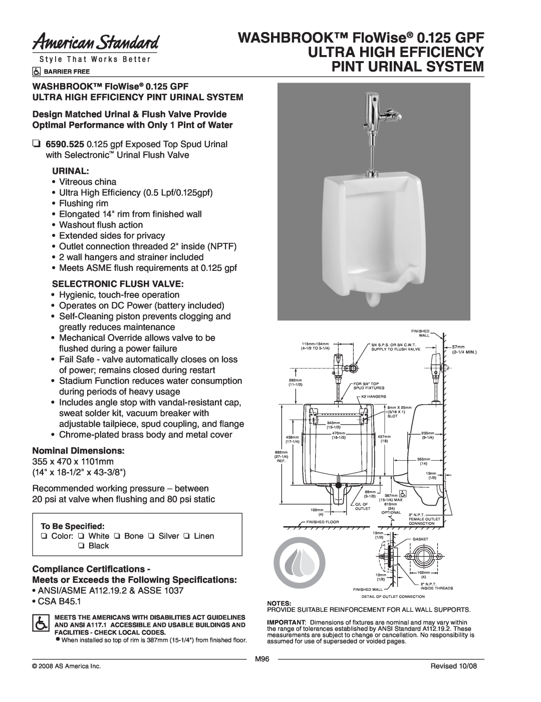 American Standard 6590.525 dimensions WASHBROOK FloWise 0.125 GPF, Ultra High Efficiency Pint Urinal System 