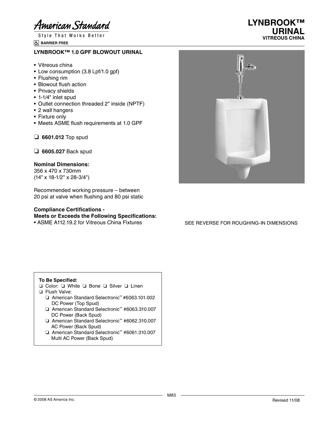 American Standard 6605.027, 6601.012 dimensions Lynbrook Urinal, Lynbrook 1.0 GPF Blowout Urinal, To Be Specified 