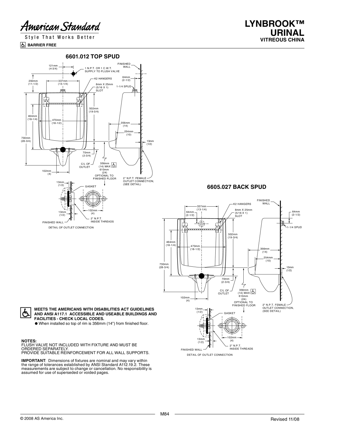 American Standard 6601.012 TOP Spud, Meets the Americans with Disabilities ACT Guidelines, Facilities Check Local Codes 