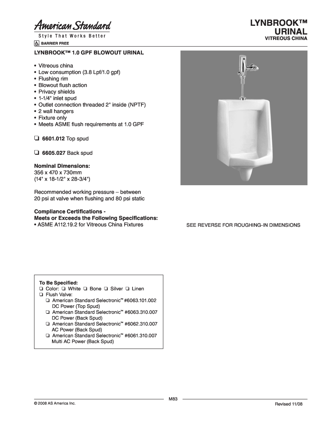 American Standard 6605.027, 6601.012 dimensions Lynbrook Urinal, LYNBROOK 1.0 GPF BLOWOUT URINAL, Top spud, Back spud 