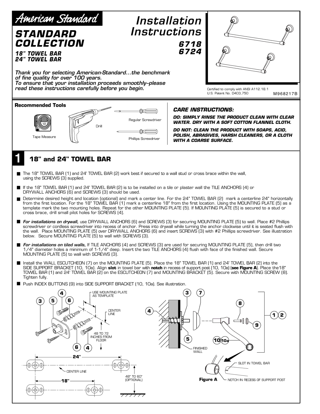 American Standard 6724 installation instructions Standard, Collection, 6718 