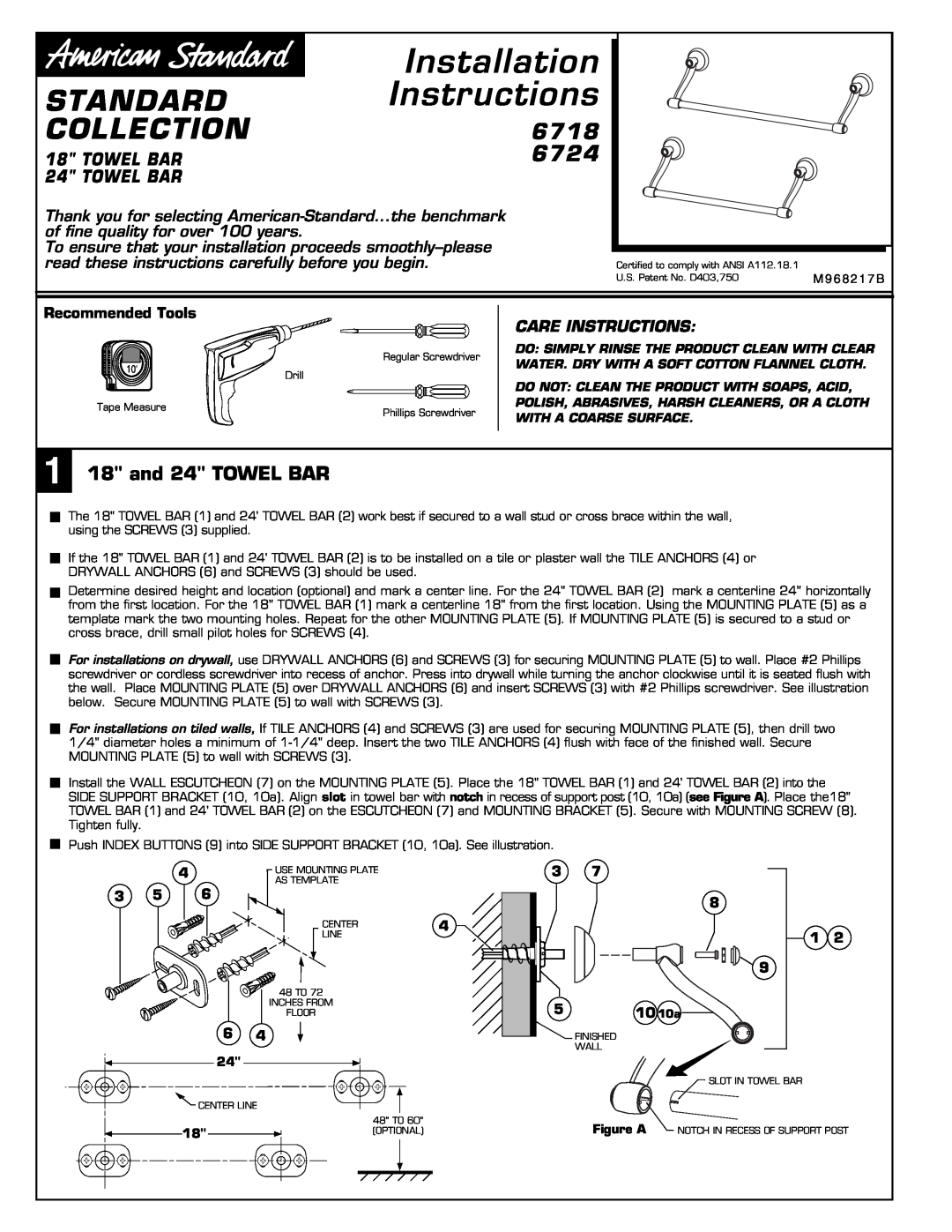 American Standard 6724 installation instructions Standard, Collection, 6718, Towel Bar, Care Instructions, Installation 