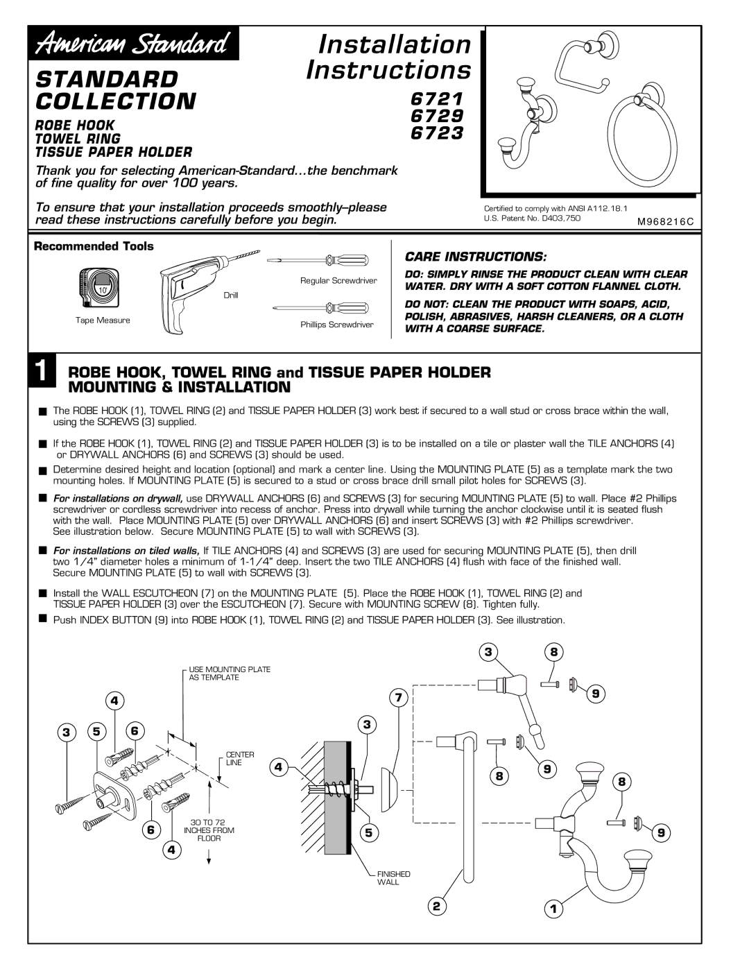 American Standard 6721 installation instructions 6729, 6723, Care Instructions 