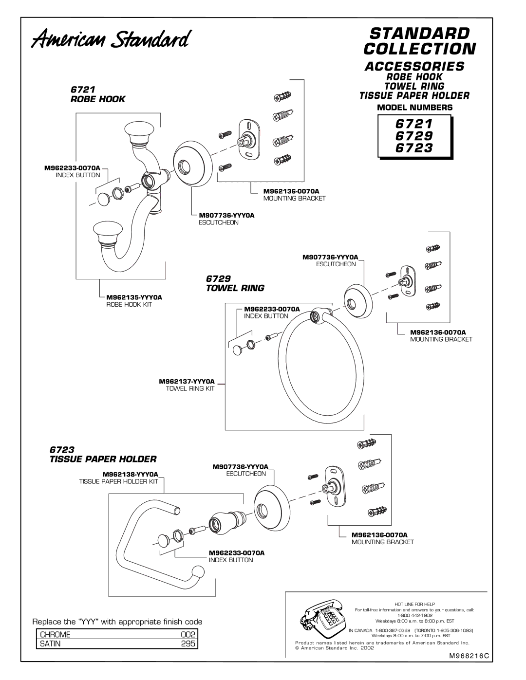 American Standard installation instructions 6721 6729 6723, Robe Hook, Towel Ring, Tissue Paper Holder 