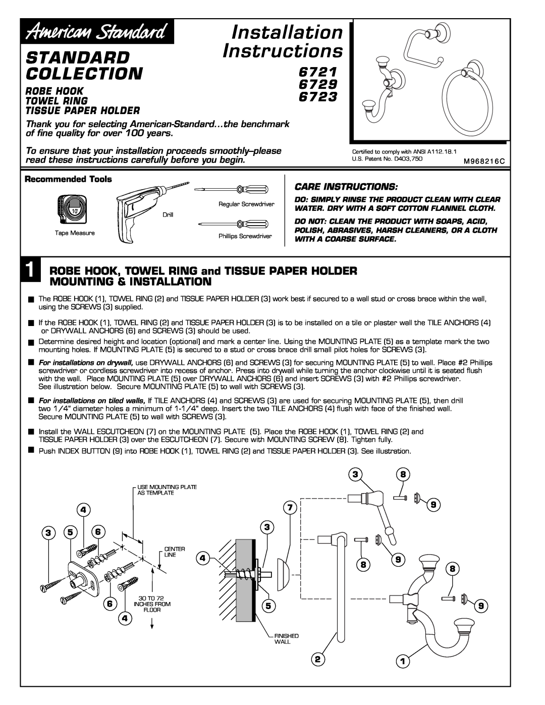 American Standard 6721 installation instructions Standard, Collection, 6729, 6723, Care Instructions, Installation 