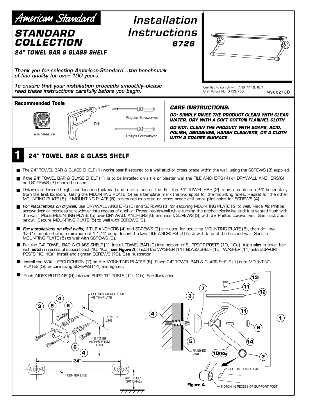 American Standard 6726 installation instructions Standard, Collection, Care Instructions 