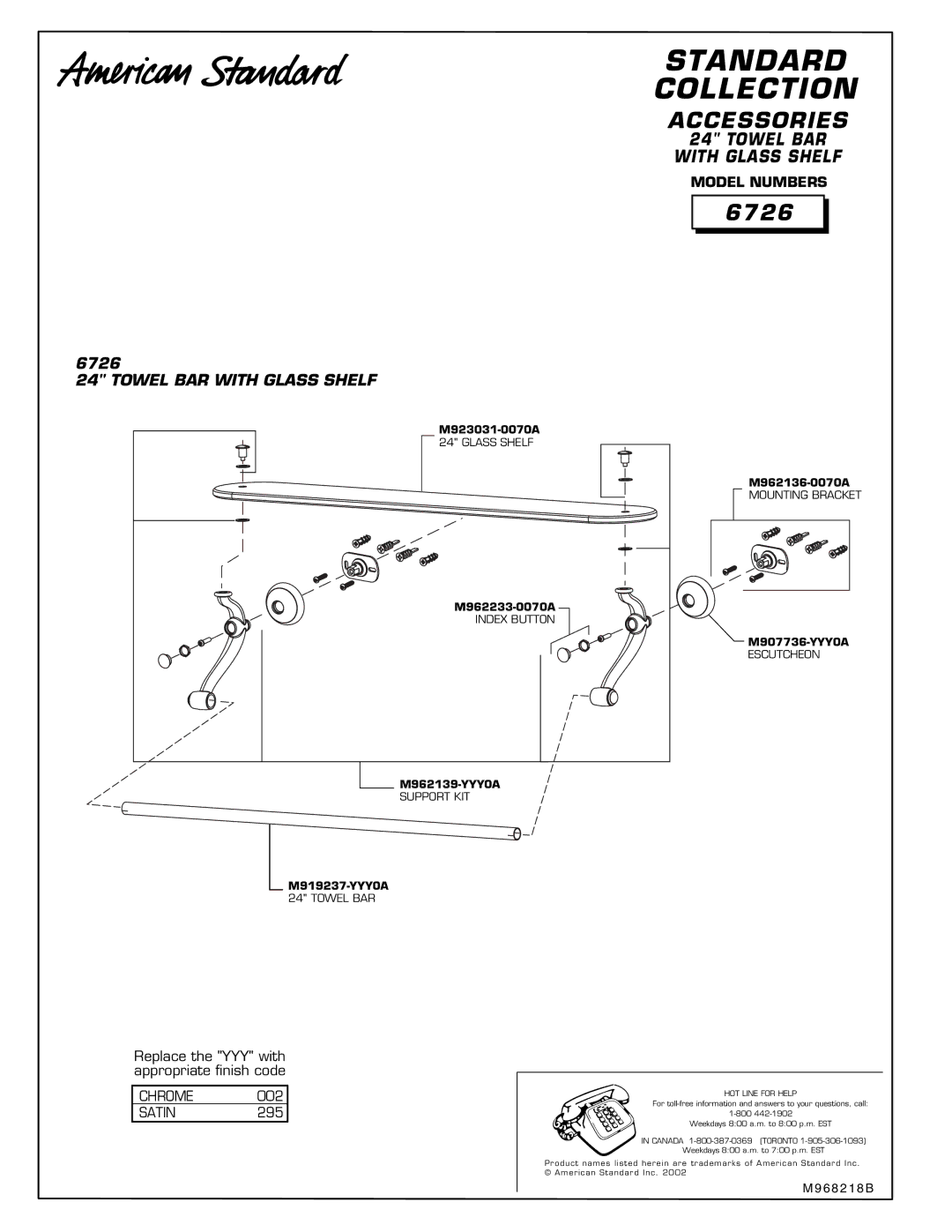 American Standard 6726 installation instructions Standard Collection, Towel BAR with Glass Shelf 