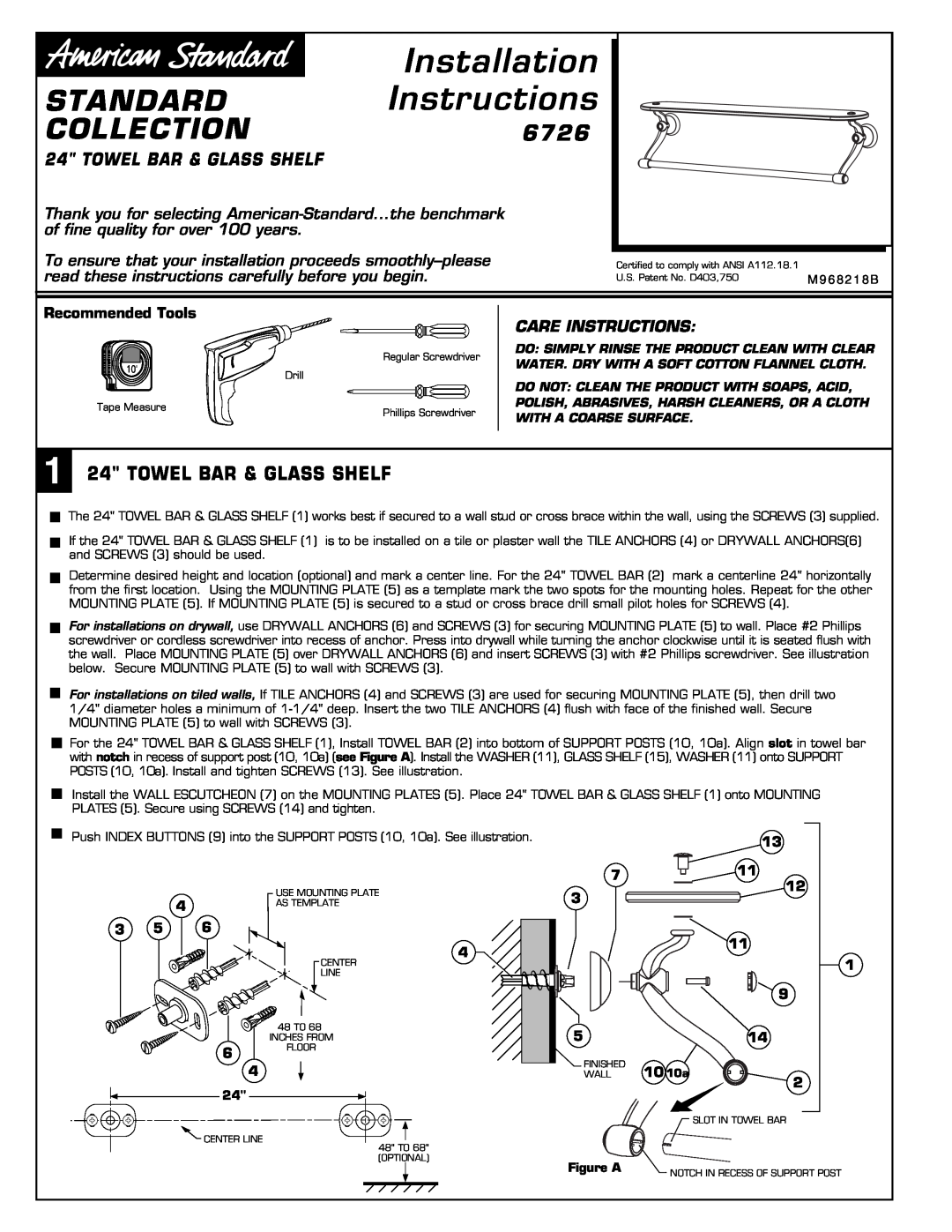 American Standard 6726 installation instructions Standard, Collection, Towel Bar & Glass Shelf, Care Instructions 