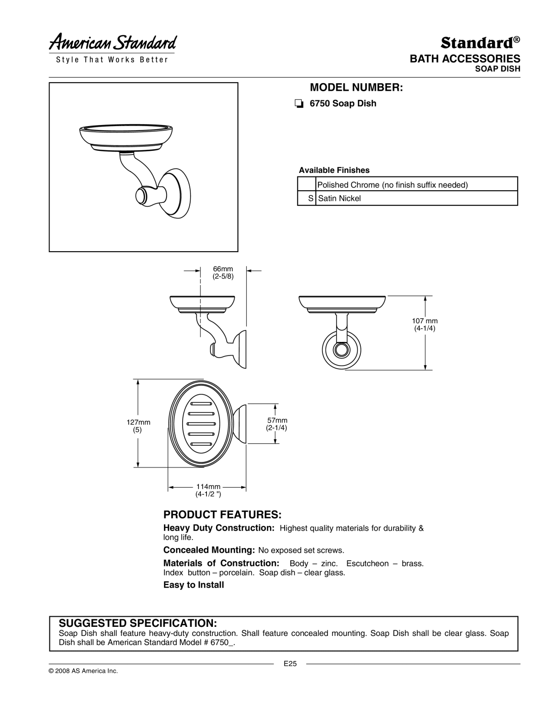 American Standard 6750 specifications Standard, Bath Accessories, Model Number, Product Features, Suggested Specification 