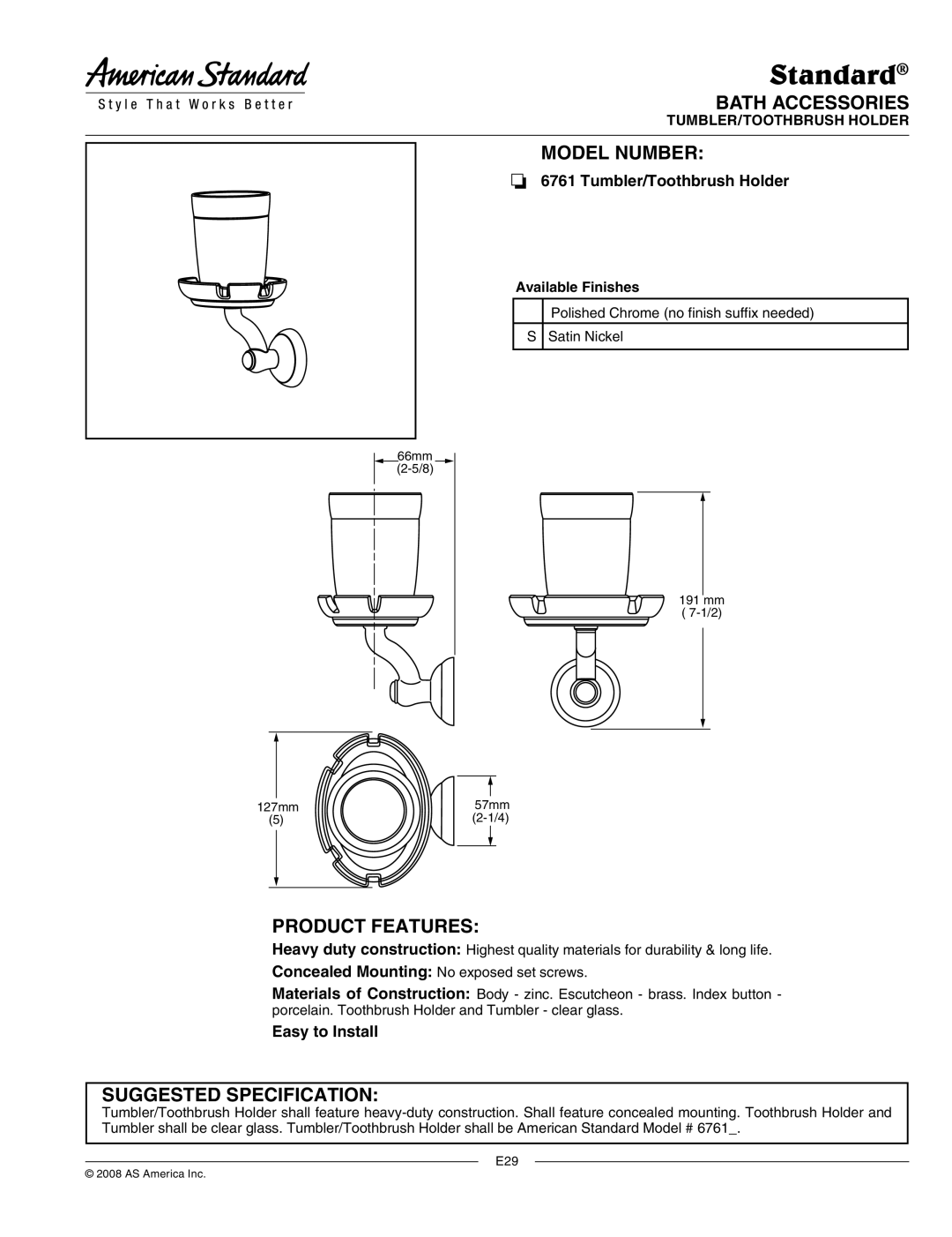 American Standard 6761 manual Standard, Bath Accessories, Model Number, Product Features, Suggested Specification 