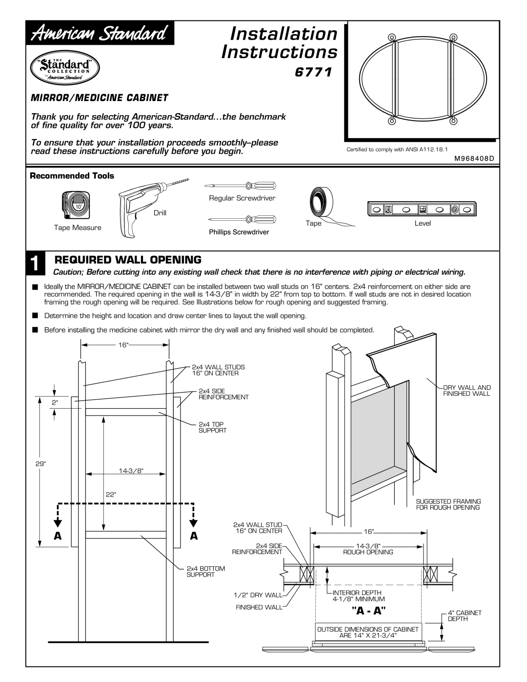 American Standard 6771 installation instructions Installation Instructions, Required Wall Opening 