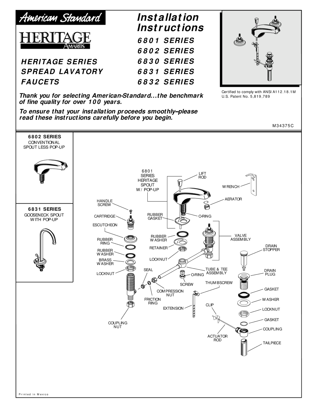 American Standard 6831 Series, 6802 Series, 6830 Series, 6832 Series installation instructions Installation Instructions 