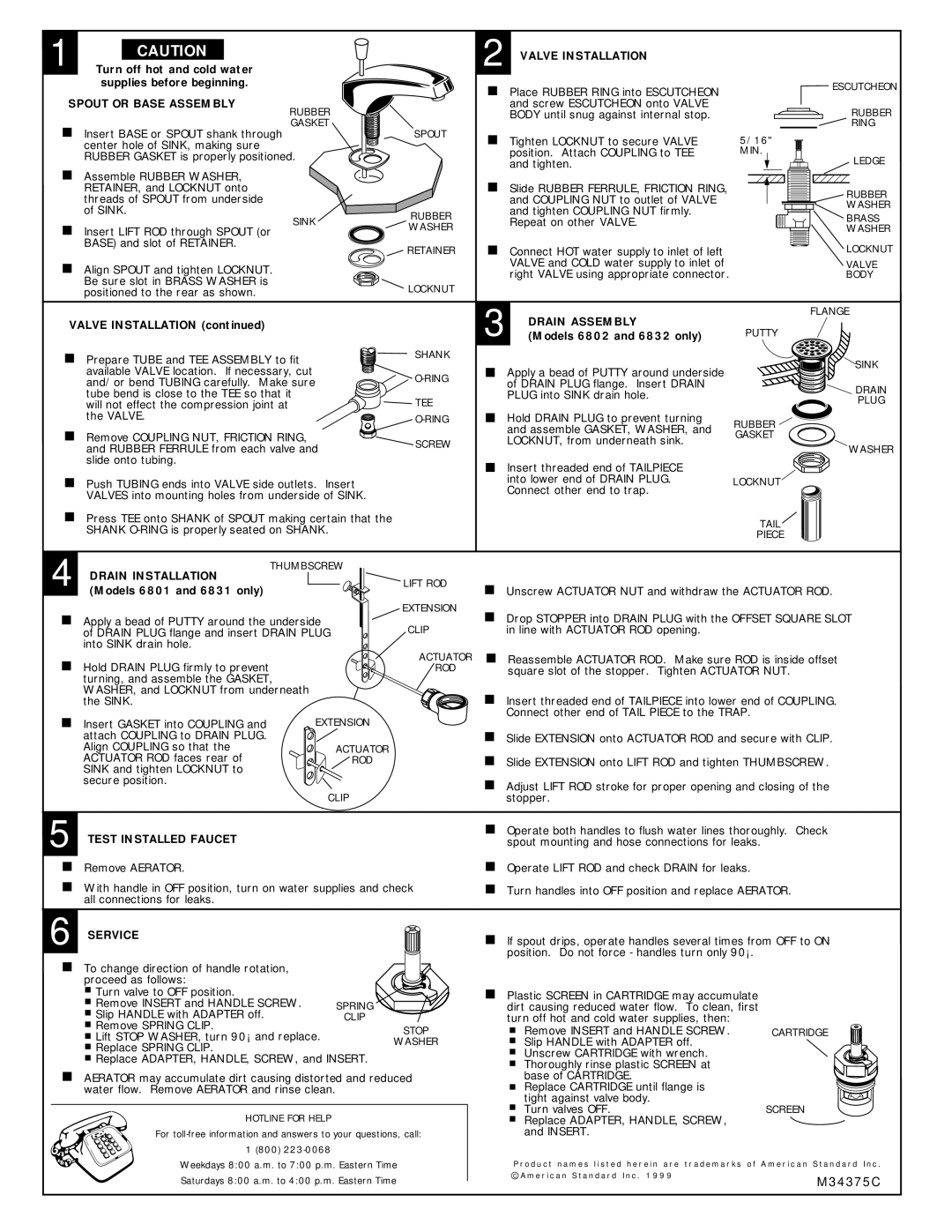 American Standard 6830 Series Valve Installation, Spout or Base Assembly, Drain Assembly, Drain Installation, Service 