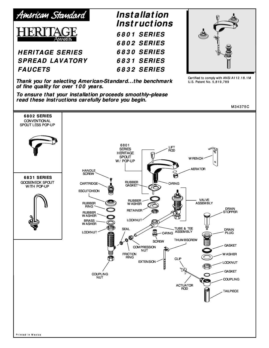 American Standard 6831 Series installation instructions Installation Instructions, Heritage Series, Spread Lavatory 
